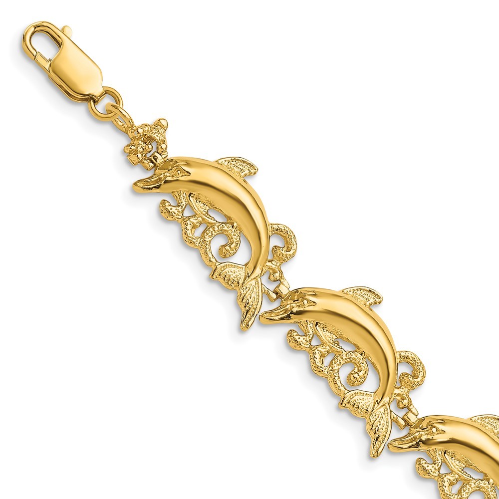 14k Yellow Gold Dolphin Nautical Sea Life Charm Link Bracelet, 7.5 inch Length
